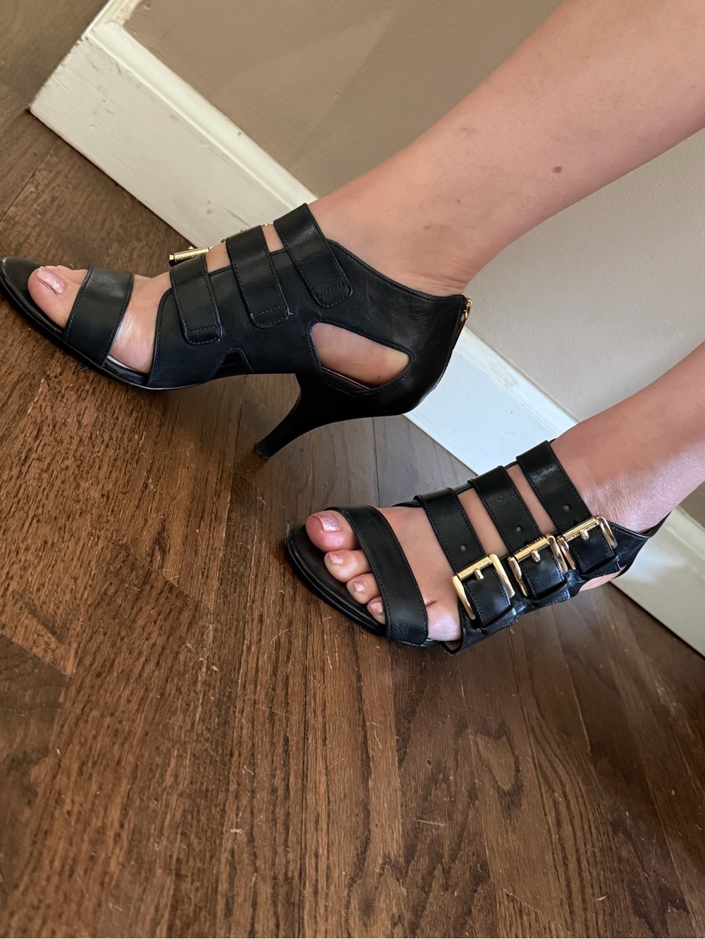 MICHAEL Michael Kors Black Strappy Heeled Sandals with Gold Buckles